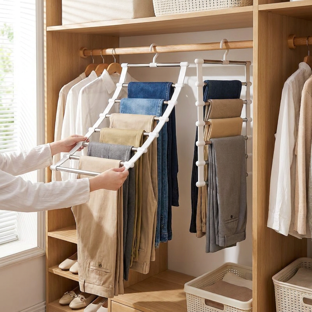 Multi-Layer Pants Hanger Space Saving Closet Organizer Foldable Trousers Clothes Rack Wardrobe Storage with Non Slip Clips