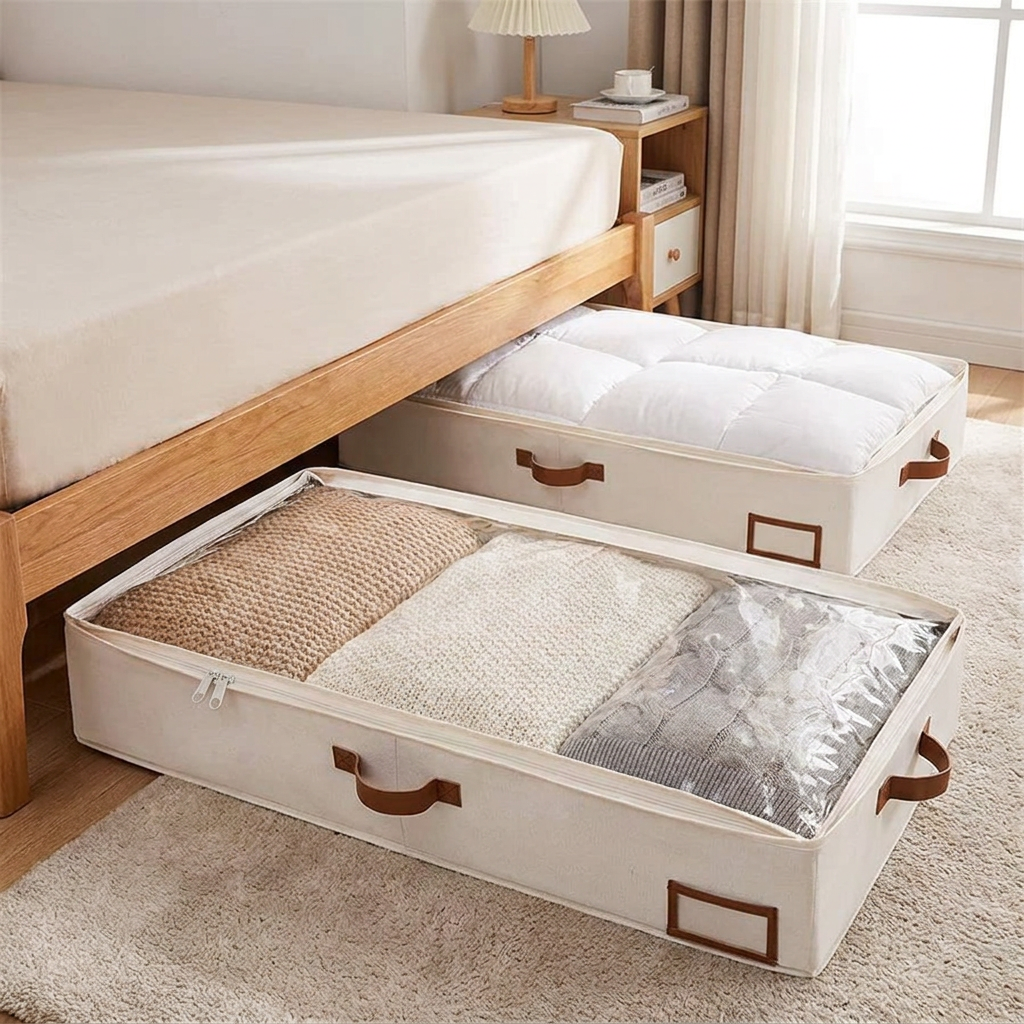 Foldable Underbed Organizer, Bedroom Blanket Clothes Quilt Storage Bag with Clear Window and 4 Handles, 31.5 x 17.7 x 5.9 Inches