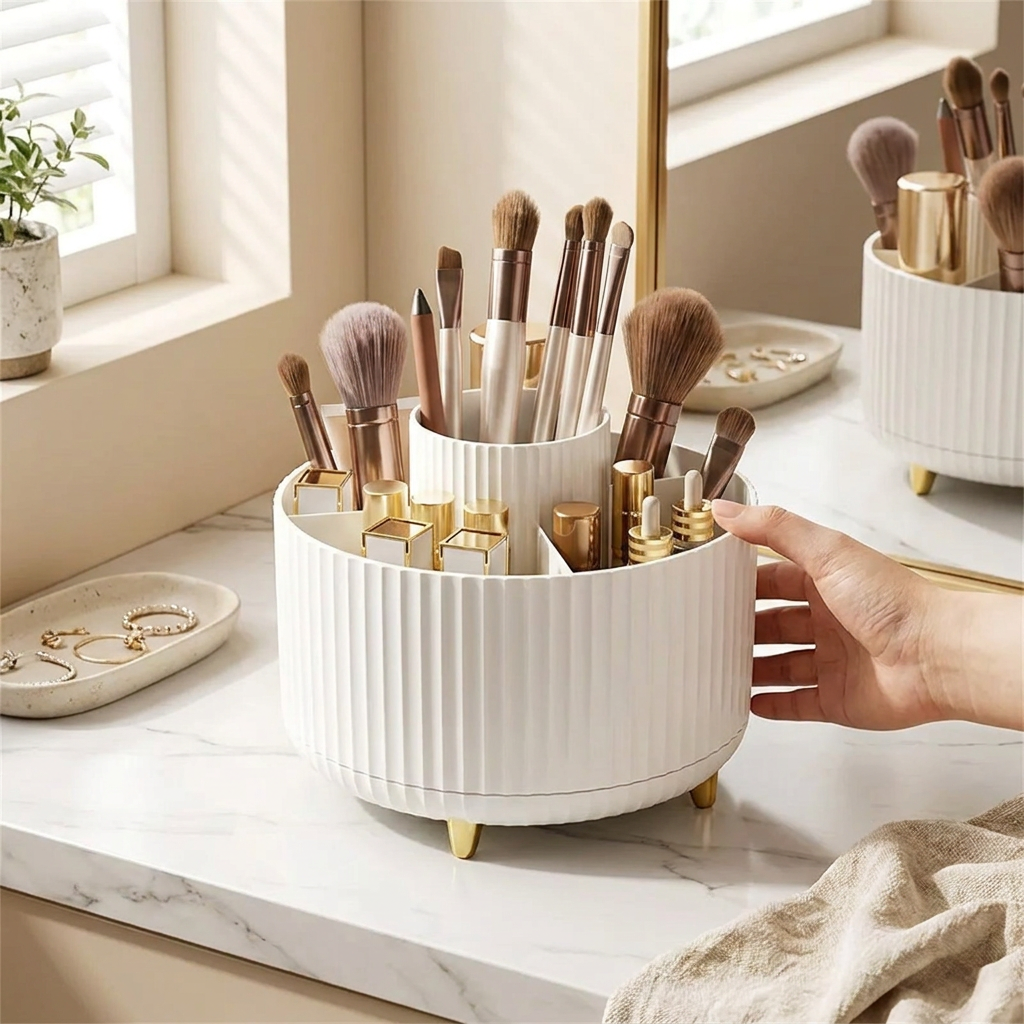 360° Rotating Makeup Organizer - 1pc Plastic Cosmetic Storage with 5 Compartments - Multi-Functional Holder for Brushes