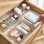 Transparent Modular Drawer Organizer Set Multi Use Storage Trays for Makeup Skincare Kitchen Tools Bathroom Vanity Organization