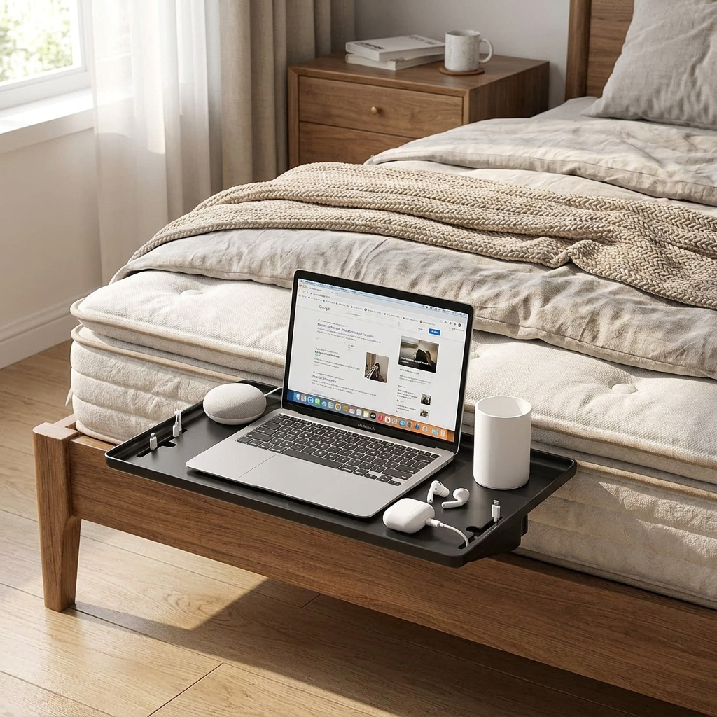 Bed Side Shelf Bedside Shelf Bed Table T Shaped Cable Hole Easy To Install Space Saving Nightstand Tray Multipurpose for Dorm