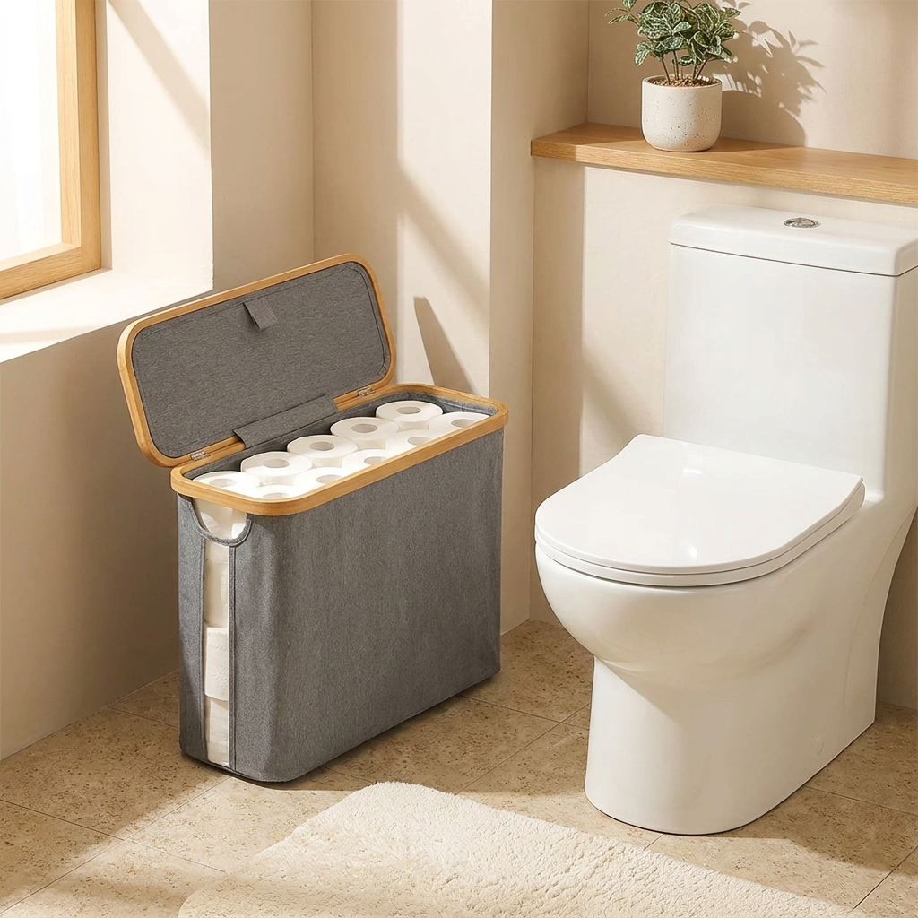 Bathroom Toilet Paper Storage Basket Bamboo Collapsible Toilet Paper Holder Toilet Paper Storage Basket Foldable Organizer Bin