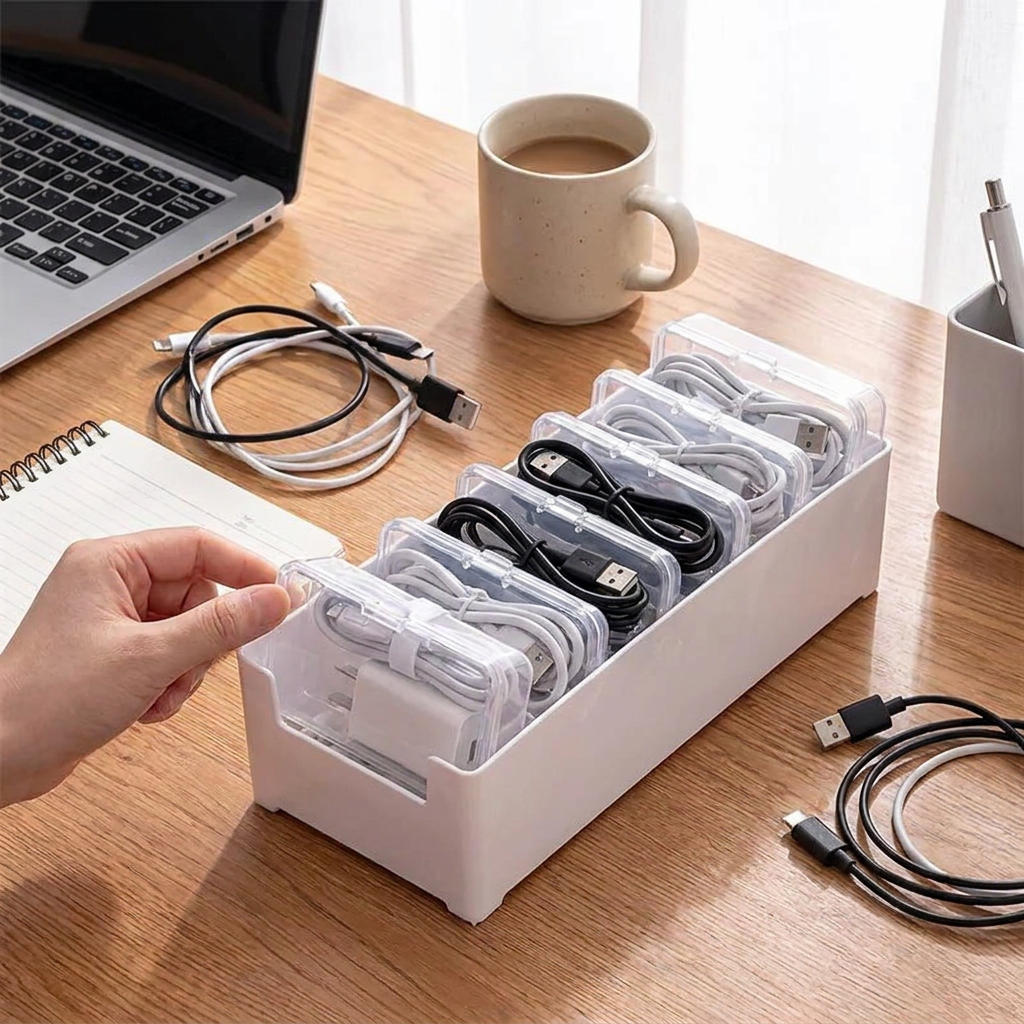 Data Cable Storage Box with 7 Small Compartment Boxes, Desktop Cable Organizer for Office Desk