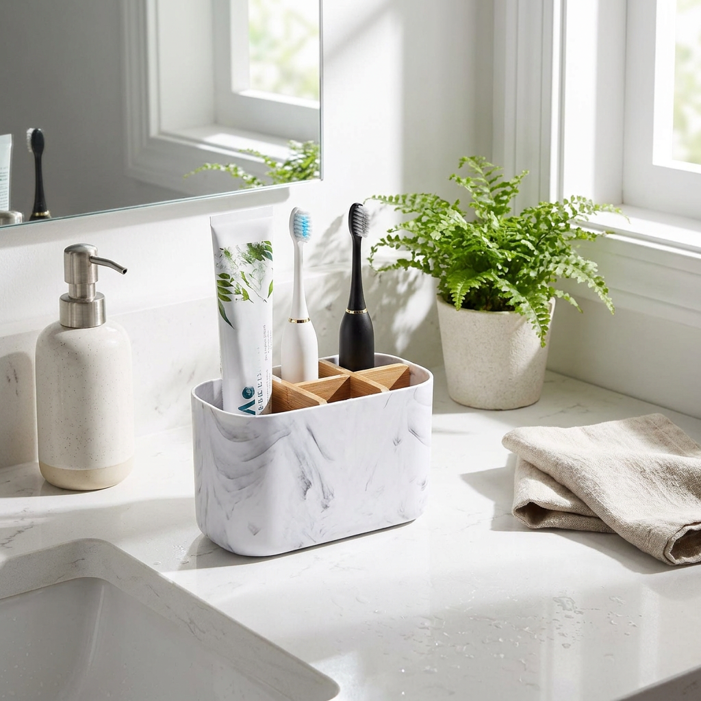 Toothbrush Holder For Electric Brushes Bathroom Counter Organizer With 5 Slots Bamboo For Electric Toothbrushes and Toothpaste