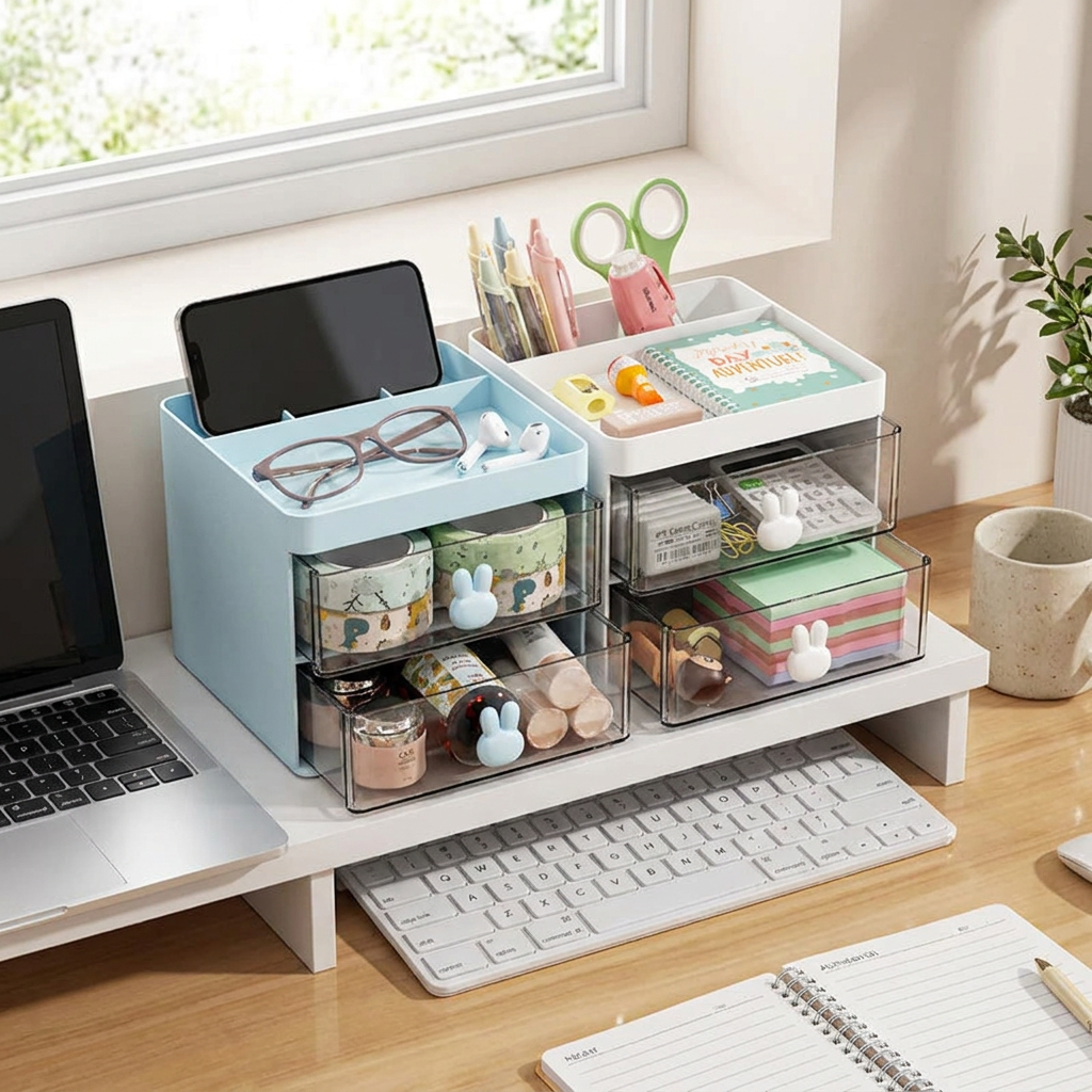 Small Desk Organizer With Drawer, Office Desktop Storage Box, Makeup Organizer, Business Card/Pen/Pencil/Mobile Phone/Stationery