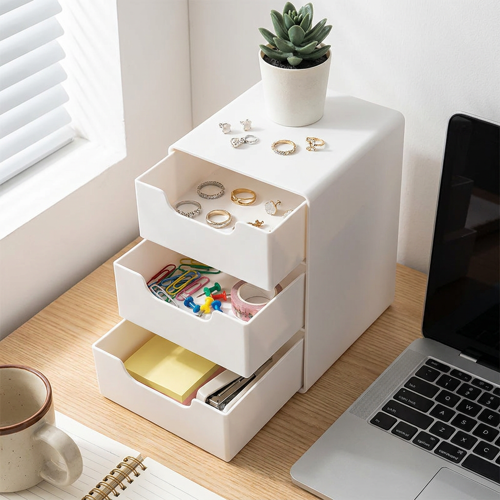 Chic 3-Tier Desk Organizer with Drawers - Ideal for Office Supplies, Jewelry & Cosmetics Storage - Portable Divider Box