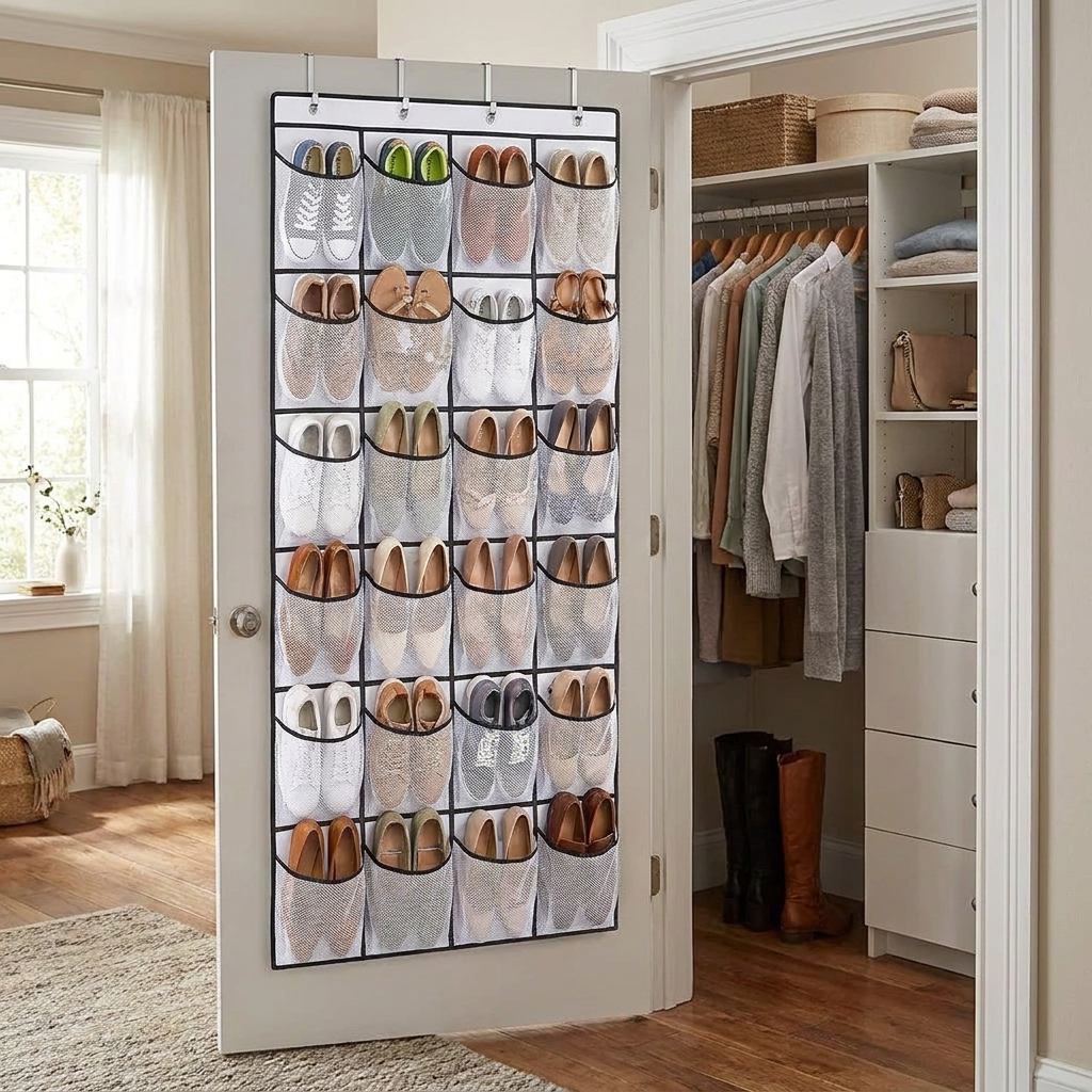 Over The Door Shoe Organizer 12/14/24/28/35/40 Pockets Mesh Hanging Shoe Rack with Hooks for Closet Door Storage, Black/White/Gr
