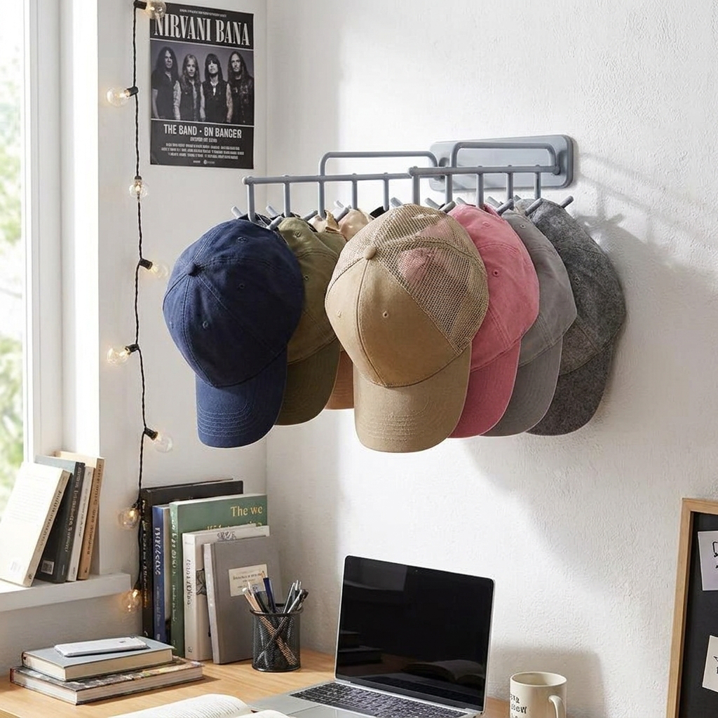 1pc New Hat Rack Instagram-Style Cap Organizer with Hanging Hooks, Fits 8 Tall Caps for Dorm Closet Wall Mounted Baseball