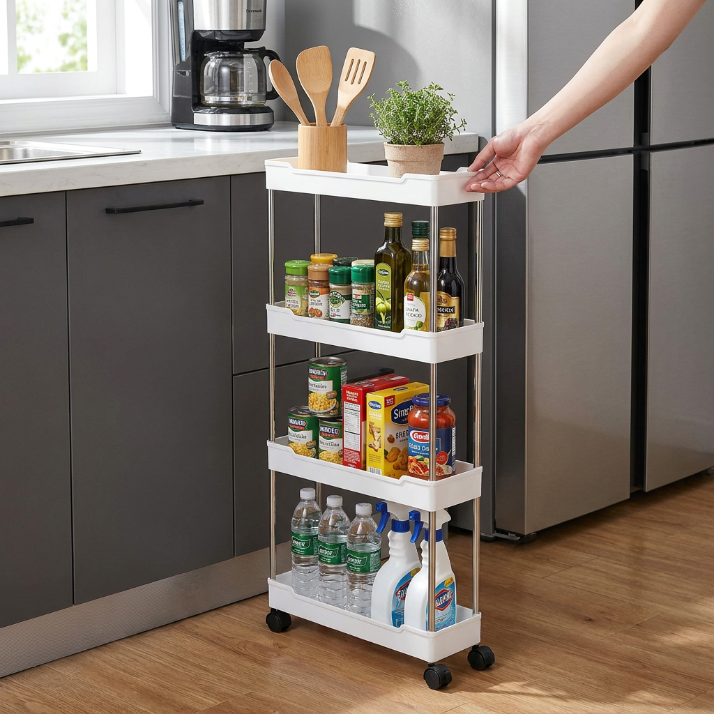 3/4 Tier Movable Gap Storage Rack Rolling Utility Cart Storage Shelf Kitchen Bathroom Slim Slide Organizer Shelf Livingroom