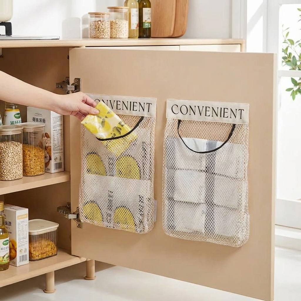 Sundries Bag Storage Wall Mount Mesh Plastic Bags Dispenser Hanging Reused Storage Pouch Kitchen Garbage Bag Organizer  Accessor
