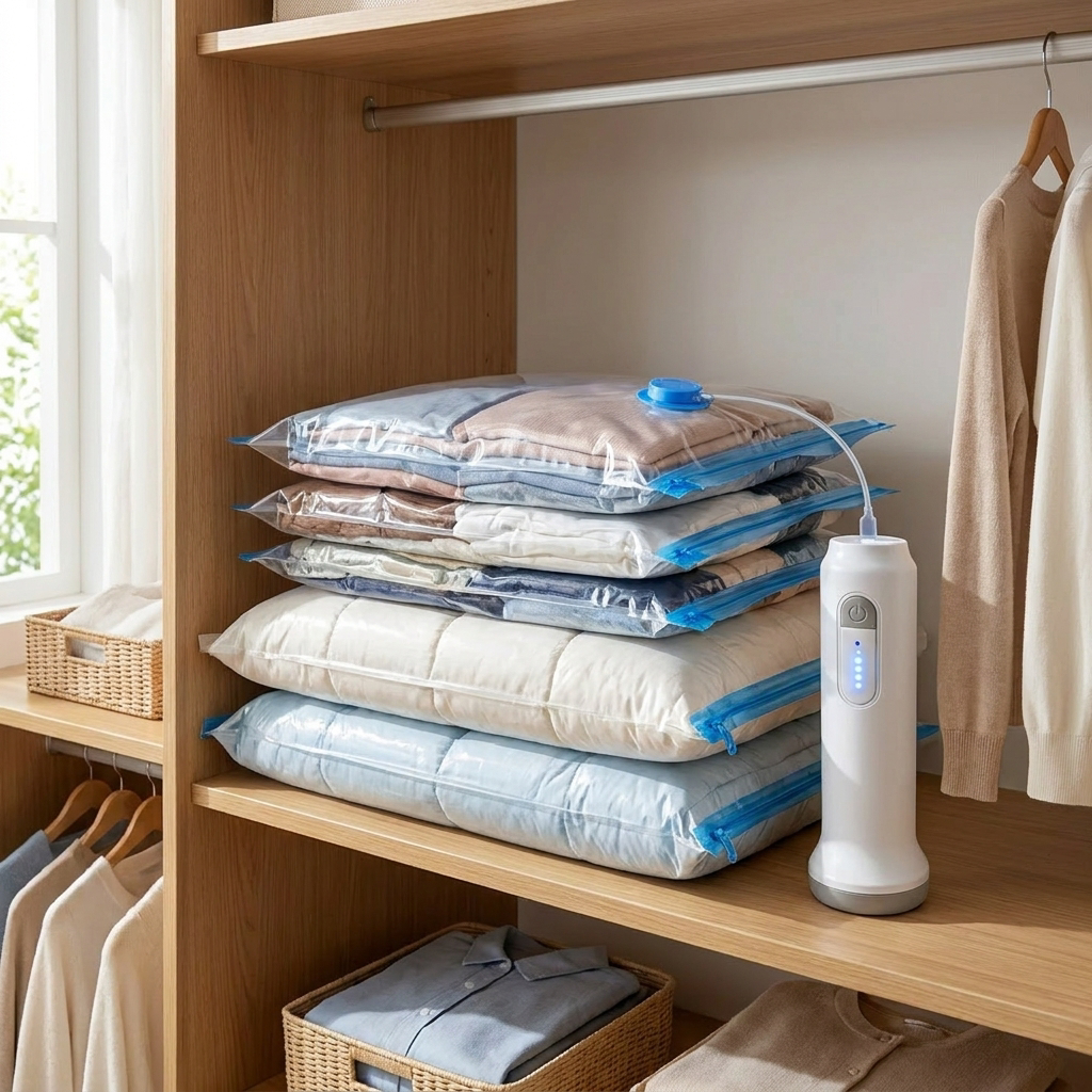 Vacuum Storage Bags 4pcs Set with USB Electric Pump,1500mAh Rechargeable Battery,Compression for Clothes Quilts Seasonal Storage