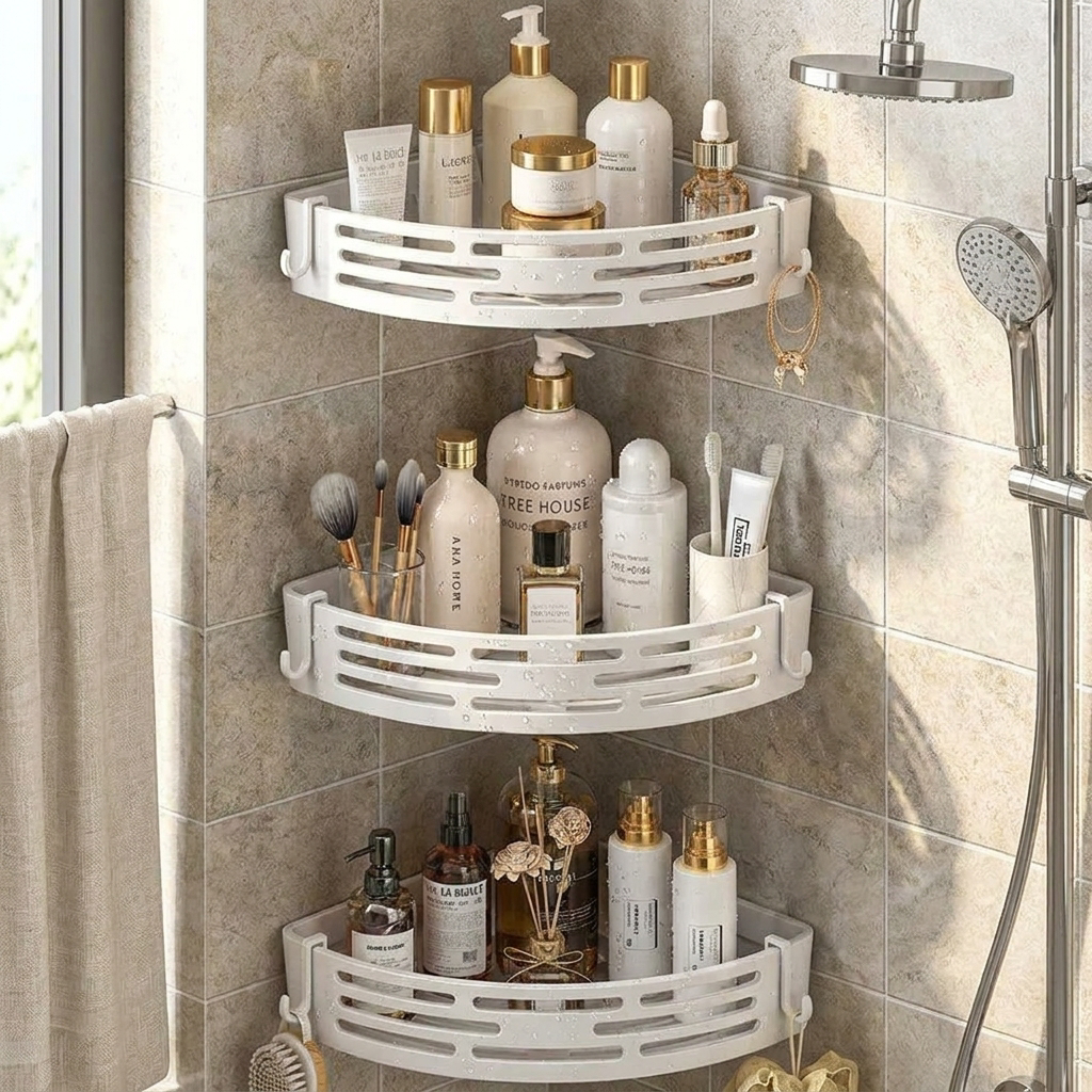 Modern Bathroom Corner Organizer Rack Self Adhesive Shower Shelf For Cosmetics Toiletries Storage Valentines Day Gift Home Decor