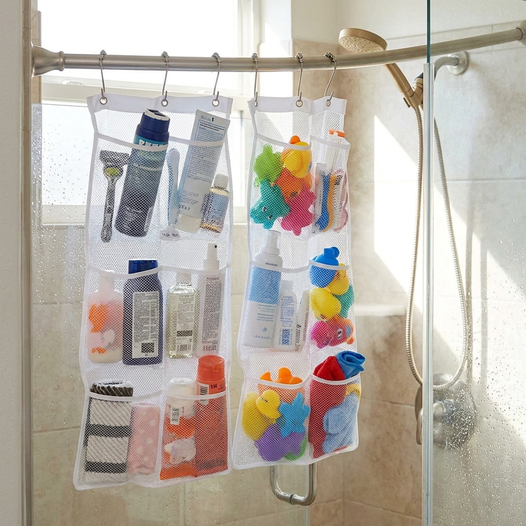 Hanging Storage Bag Mesh Shower Organizer Bathroom Storage Rack Home Organization Home Storage Organization Bathroom Accessories