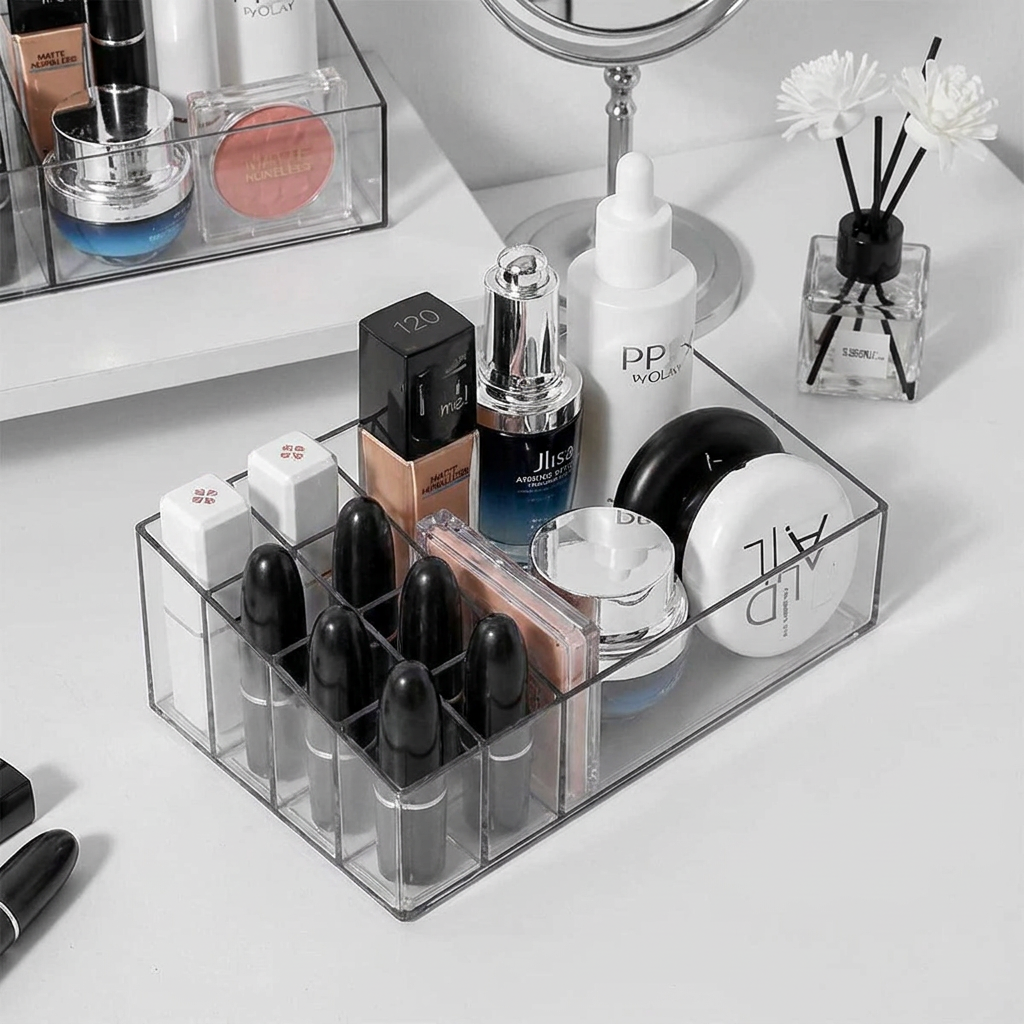 Clear Makeup Organizer with Dividers - styled on vanity showing compartments