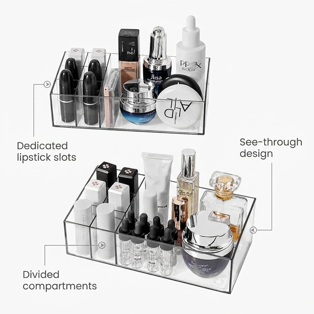 Clear Makeup Organizer with Dividers - benefit callout infographic