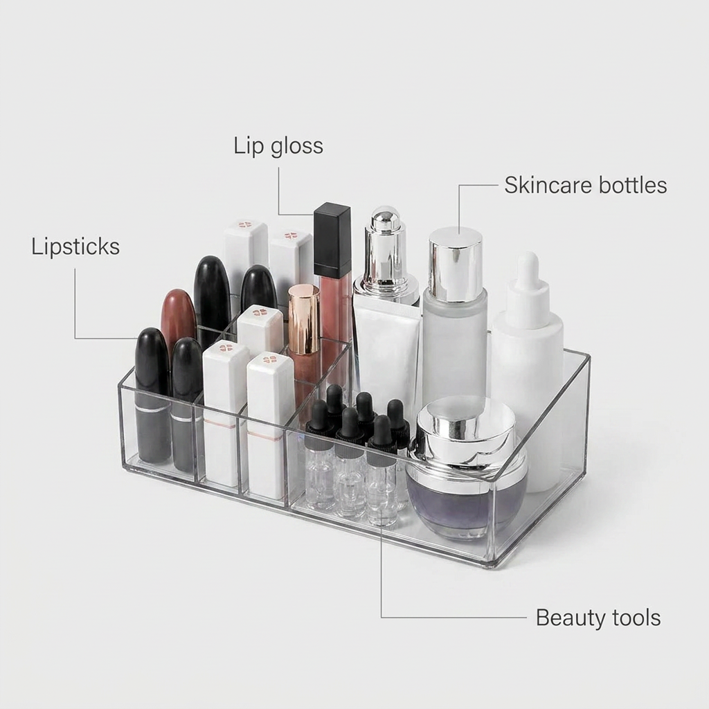 Clear Makeup Organizer with Dividers - what it stores infographic