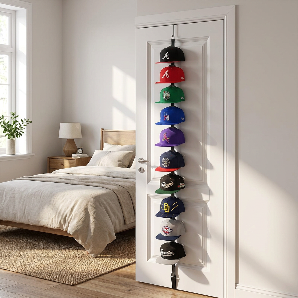 Over Door Hat Rack - in use on bedroom door