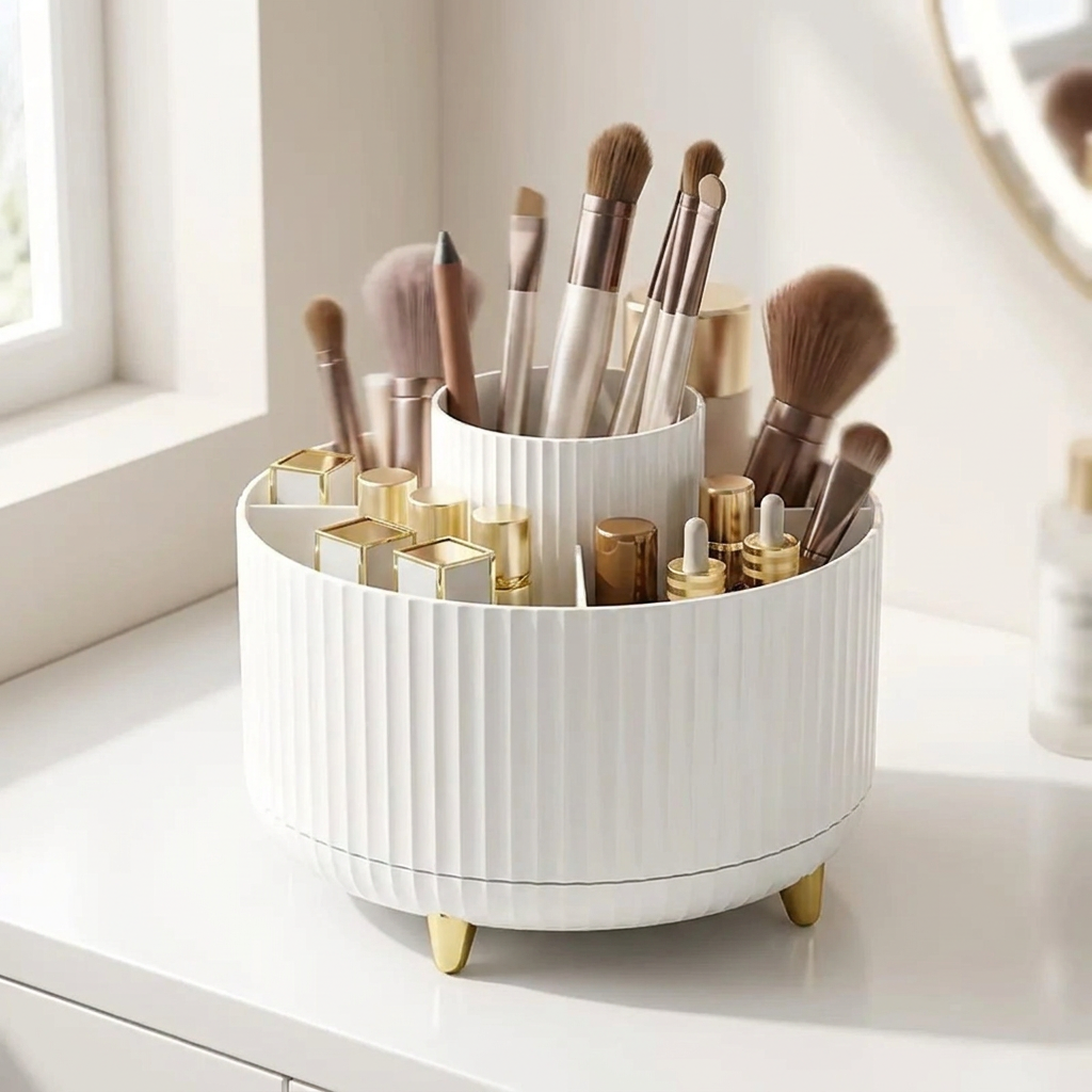 360° Rotating Makeup Organizer - in use on vanity