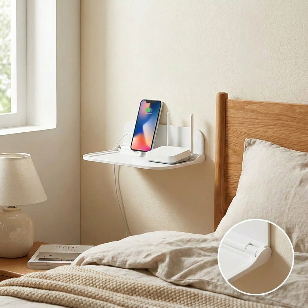 Foldable Wall-mounted Shelf - installed in bedroom holding phone and wifi router