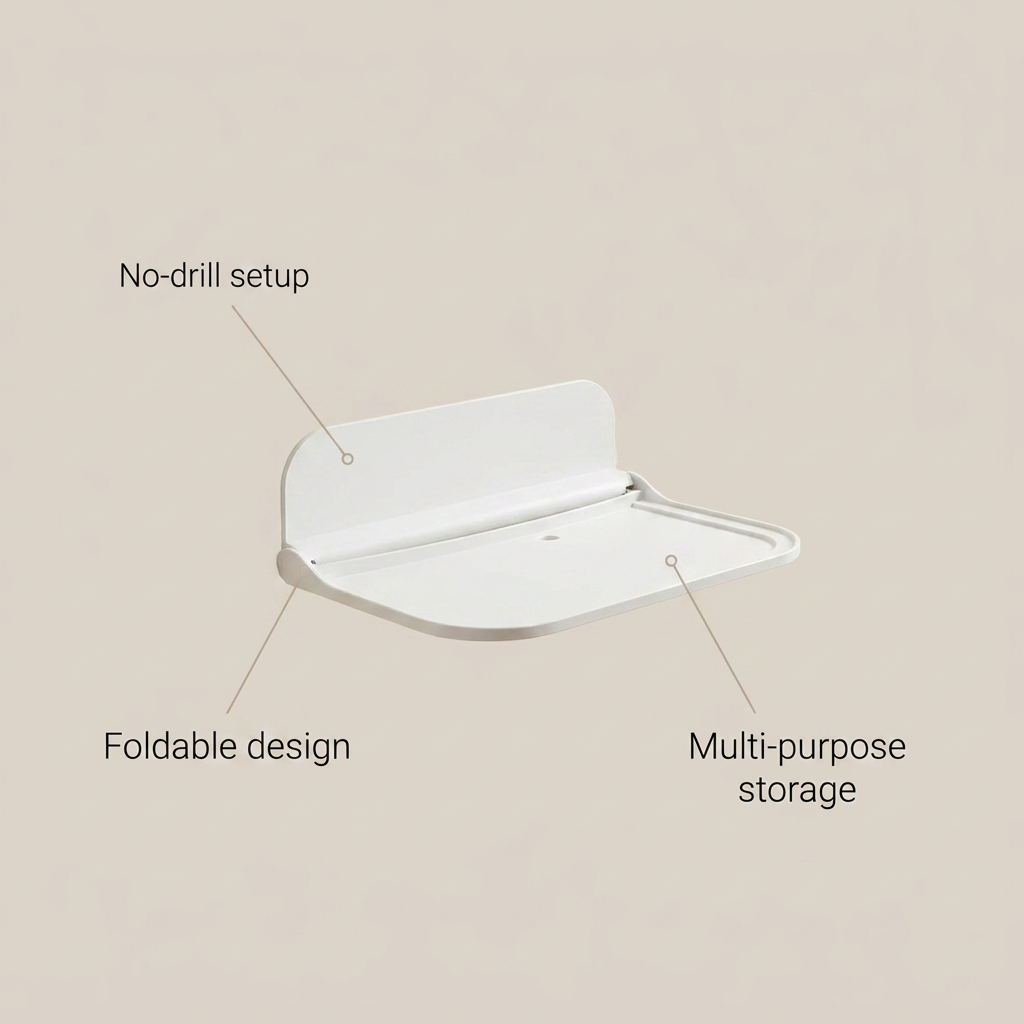 Foldable Wall-mounted Shelf - benefit callouts: no-drill setup, foldable design, multi-purpose storage