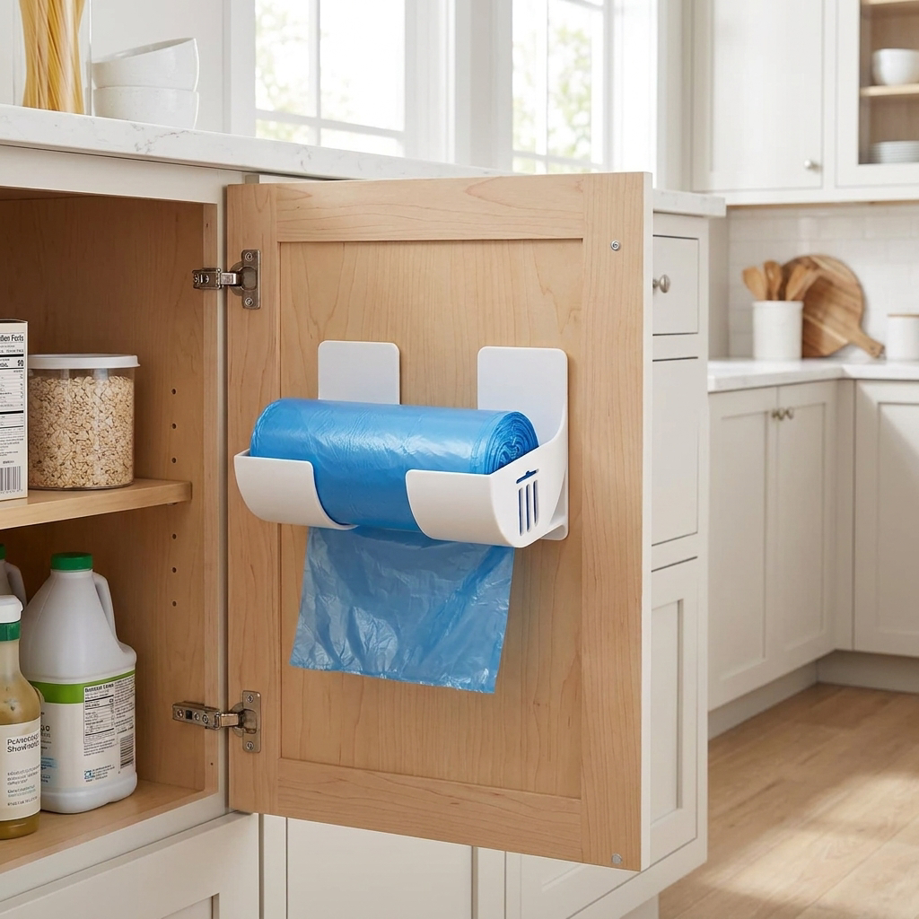 Wall Mounted Trash Bags Holder - in-use on kitchen cabinet
