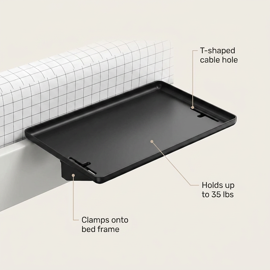 Bed Side Shelf - benefit callouts: T-shaped cable hole, clamps onto bed frame, holds up to 35 lbs