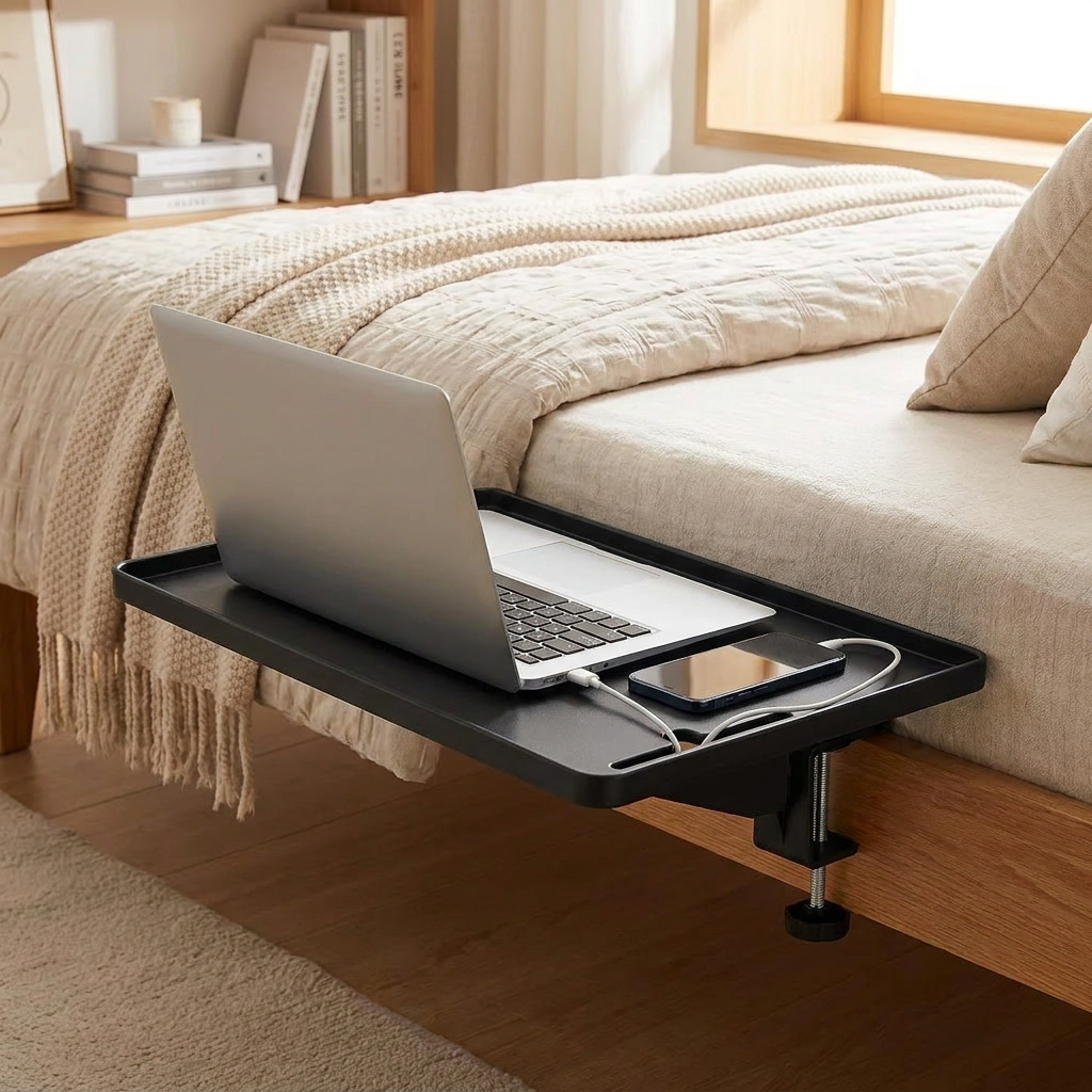 Bed Side Shelf - clamped onto bed frame holding laptop and phone