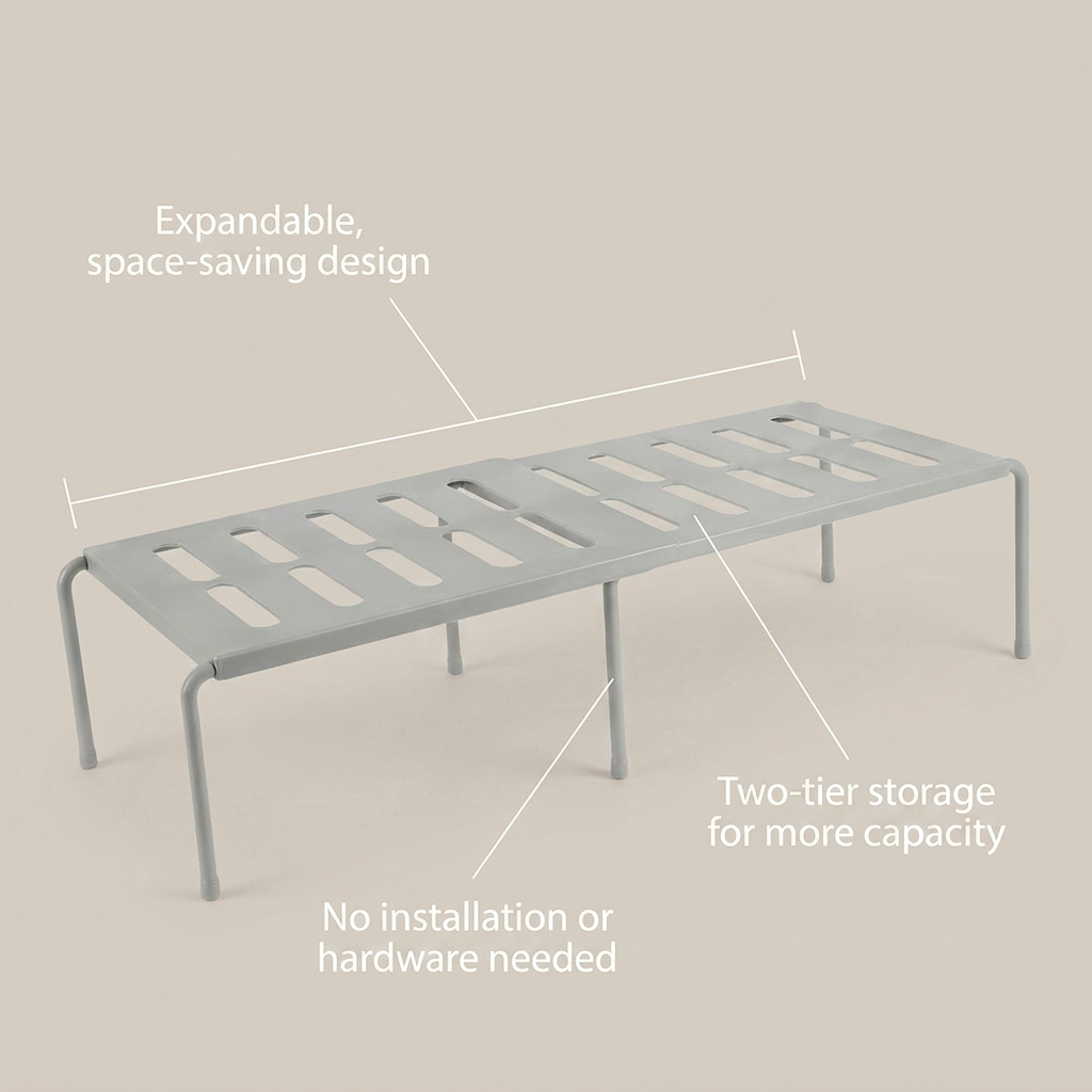 Expandable Kitchen Storage Rack - benefit callouts infographic