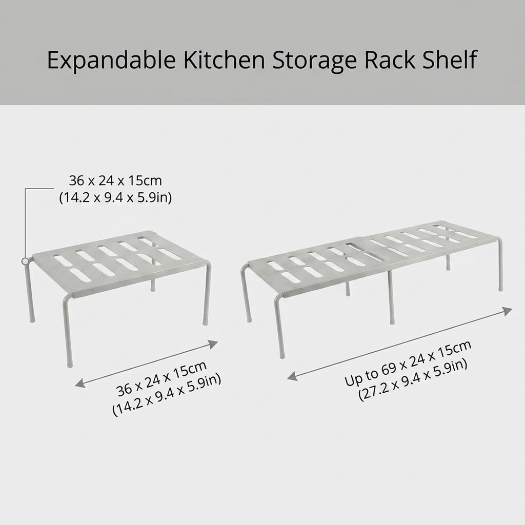 Expandable Kitchen Storage Rack - dimensions infographic