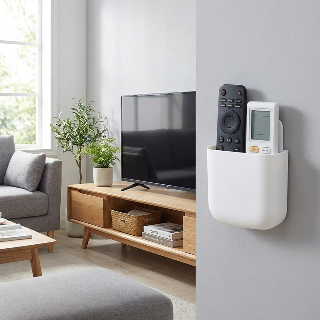 Wall Mounted Remote Control Storage Box - mounted in living room next to TV