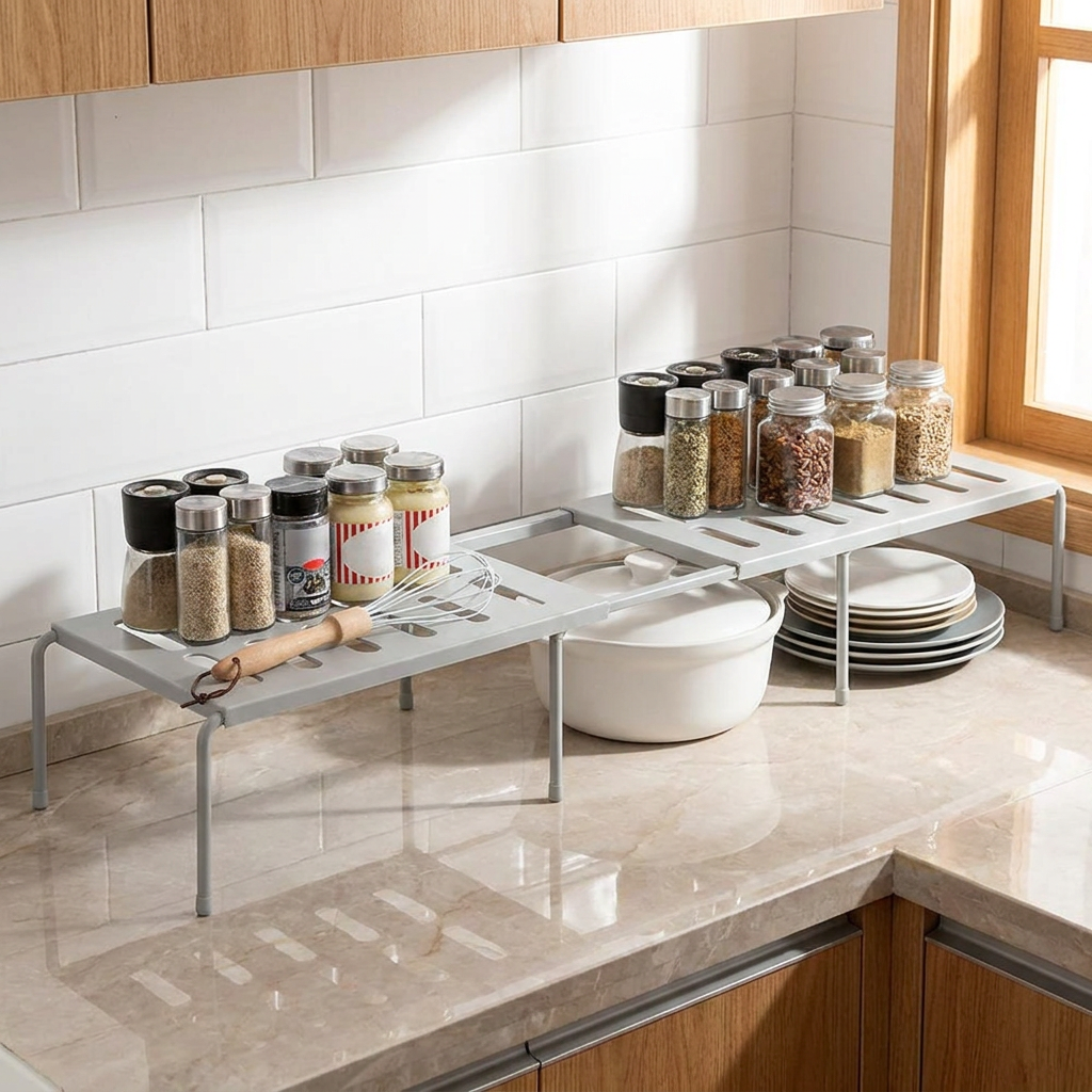 Expandable Kitchen Storage Rack - collapsed vs expanded on countertop