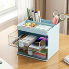 Small Desk Organizer With Drawer - open drawer showing pens, cards and phone