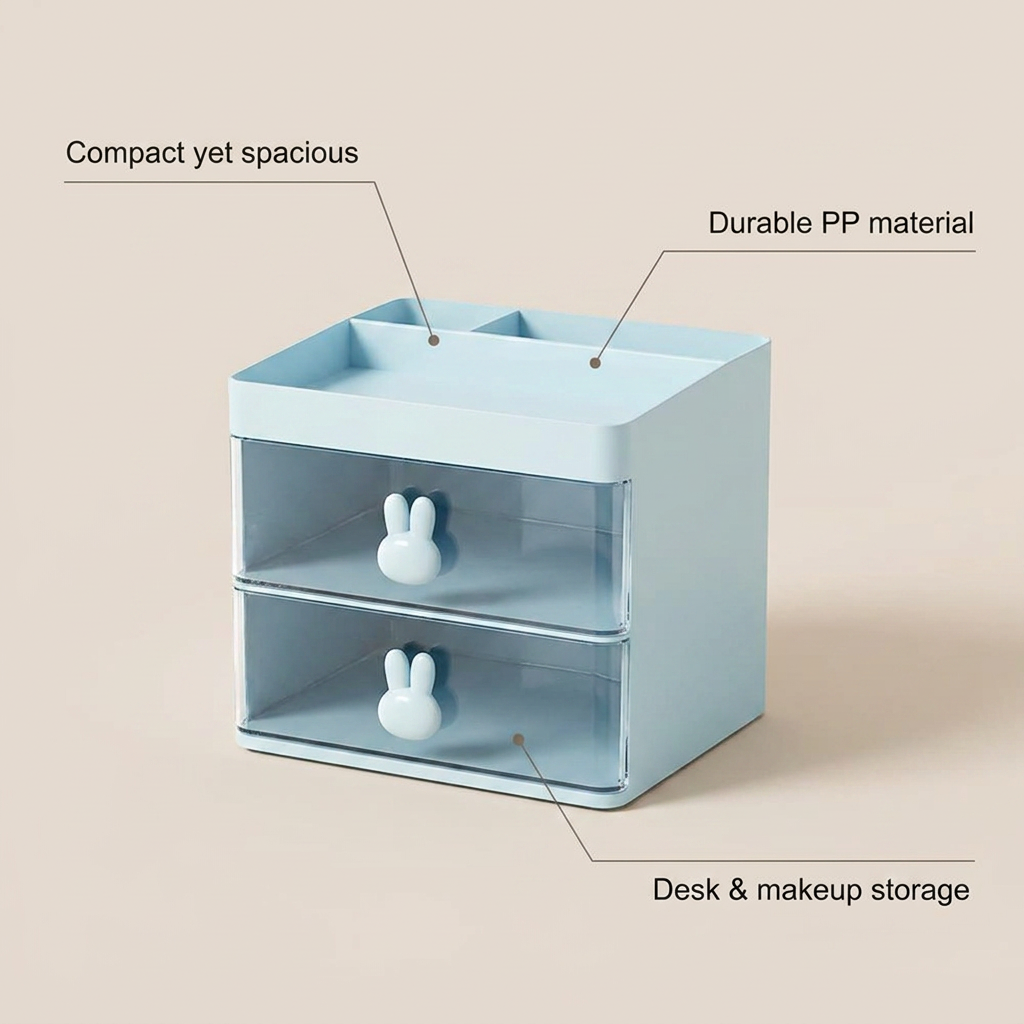 Small Desk Organizer With Drawer - benefit callouts: compact yet spacious, durable PP material, desk & makeup storage