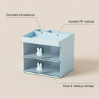 Small Desk Organizer With Drawer - benefit callouts: compact yet spacious, durable PP material, desk & makeup storage