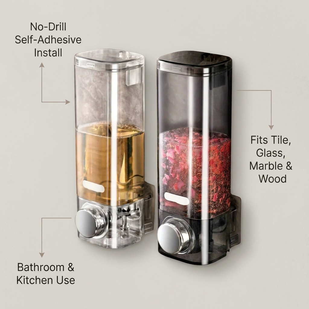 Wall Mounted Soap Dispenser No-Drill - benefit callout infographic