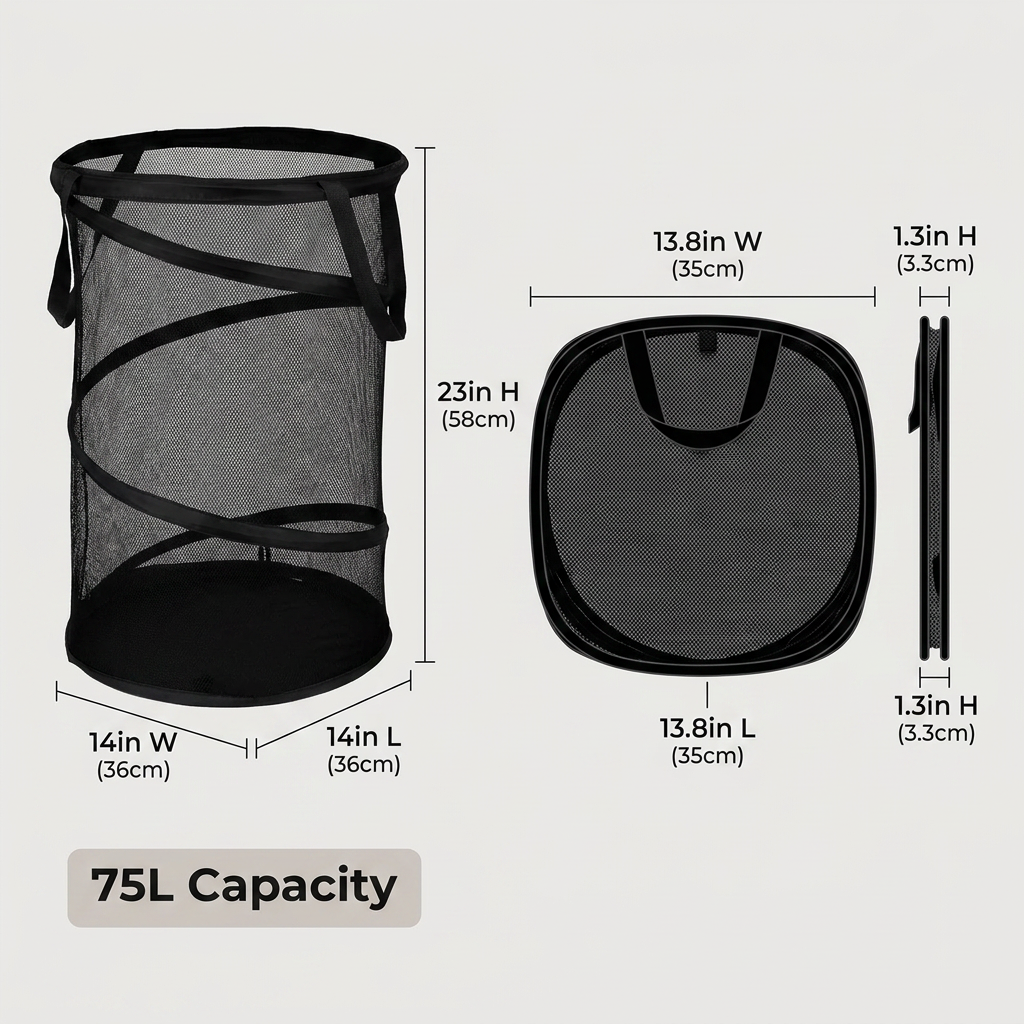 Folding Dirty Laundry Sorting Basket - dimensions and capacity infographic