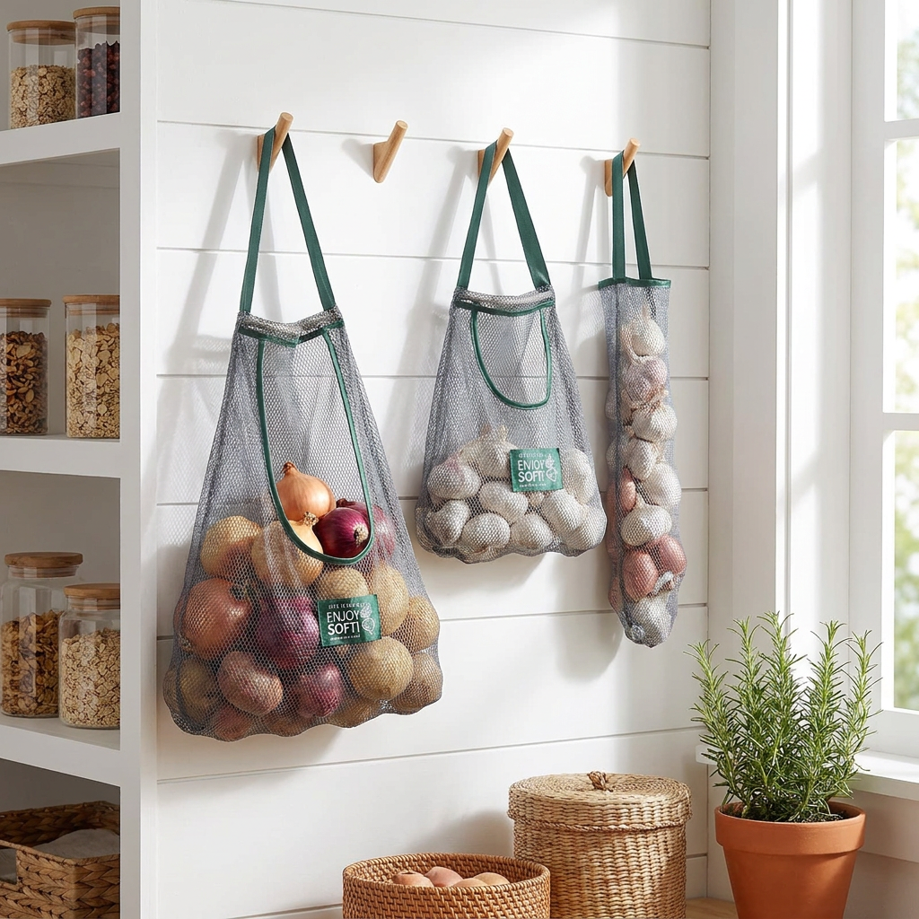 Reusable Storage Bags Kitchen Hanging Mesh Bag - hanging in kitchen pantry