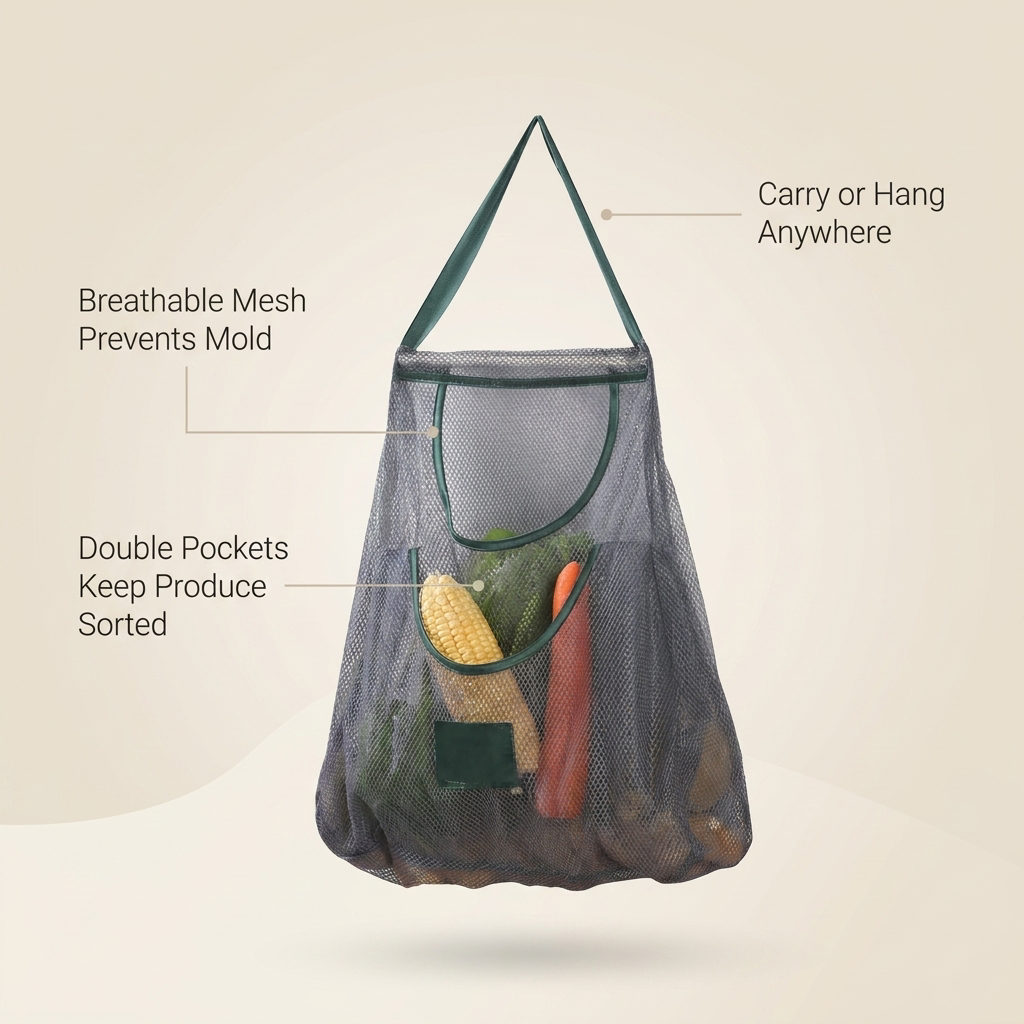 Reusable Storage Bags Kitchen Hanging Mesh Bag - benefit callout infographic