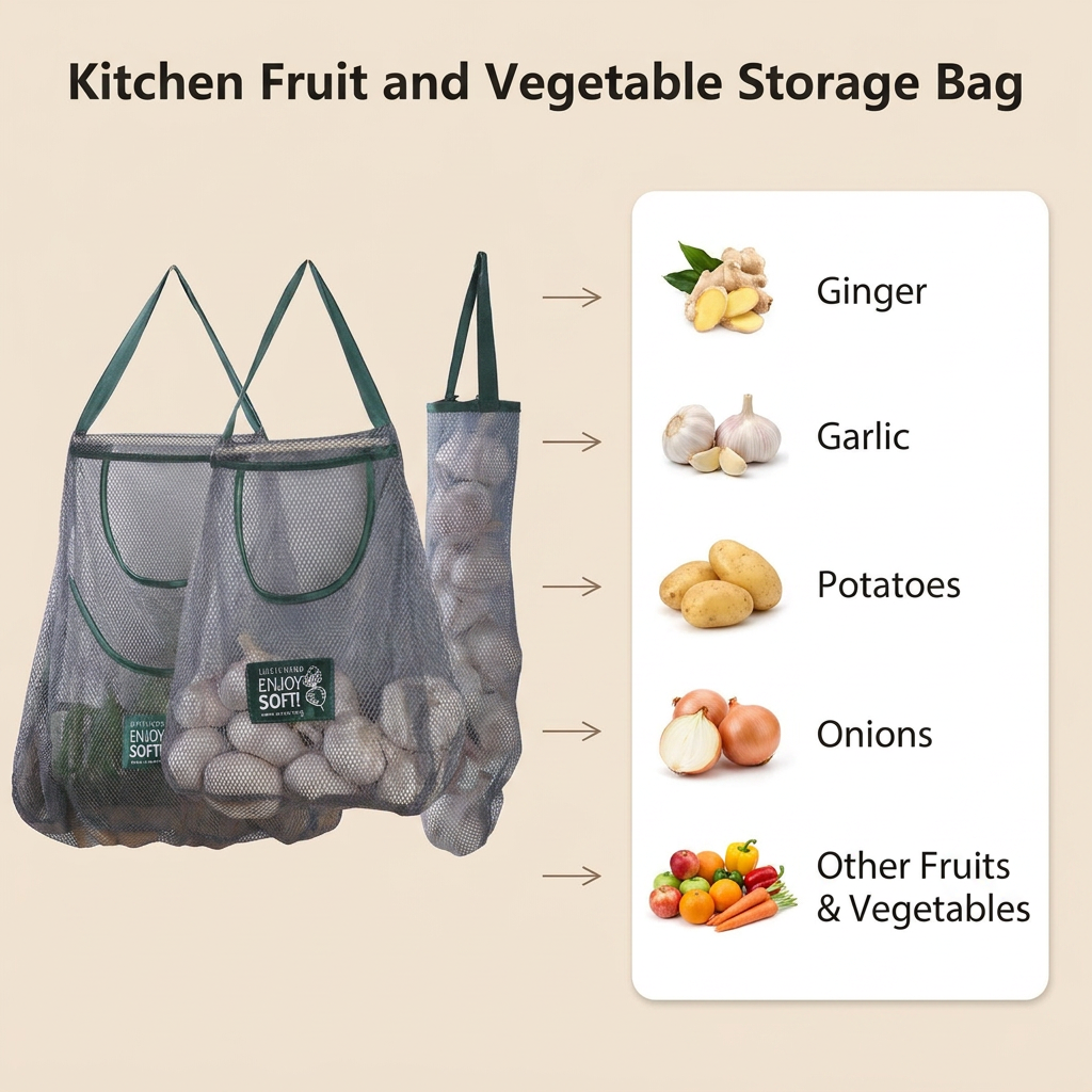 Reusable Storage Bags Kitchen Hanging Mesh Bag - what it holds infographic