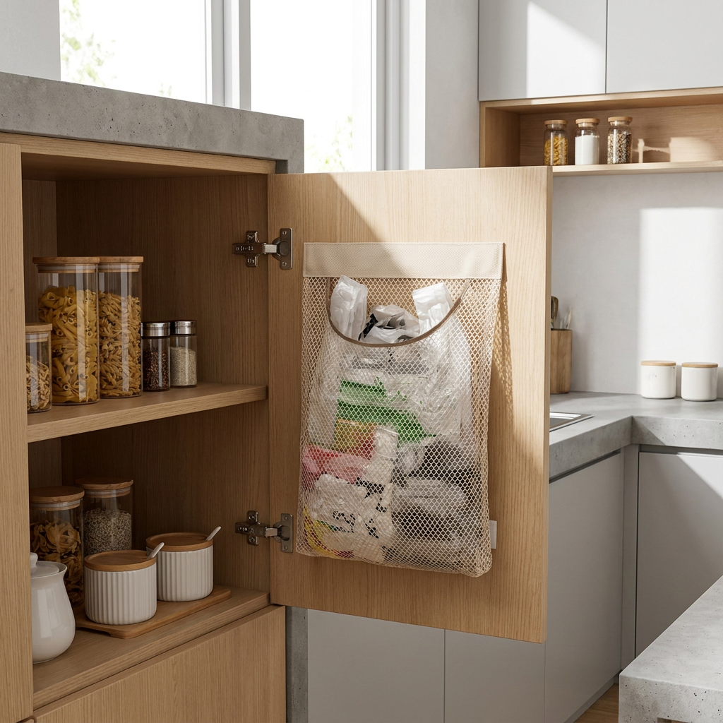 Sundries Bag Storage Wall Mount Mesh - installed in kitchen cabinet