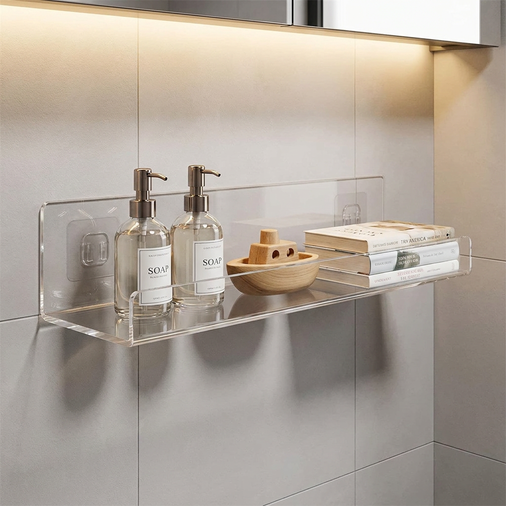 Clear Acrylic Floating Shelf - mounted on wall in use