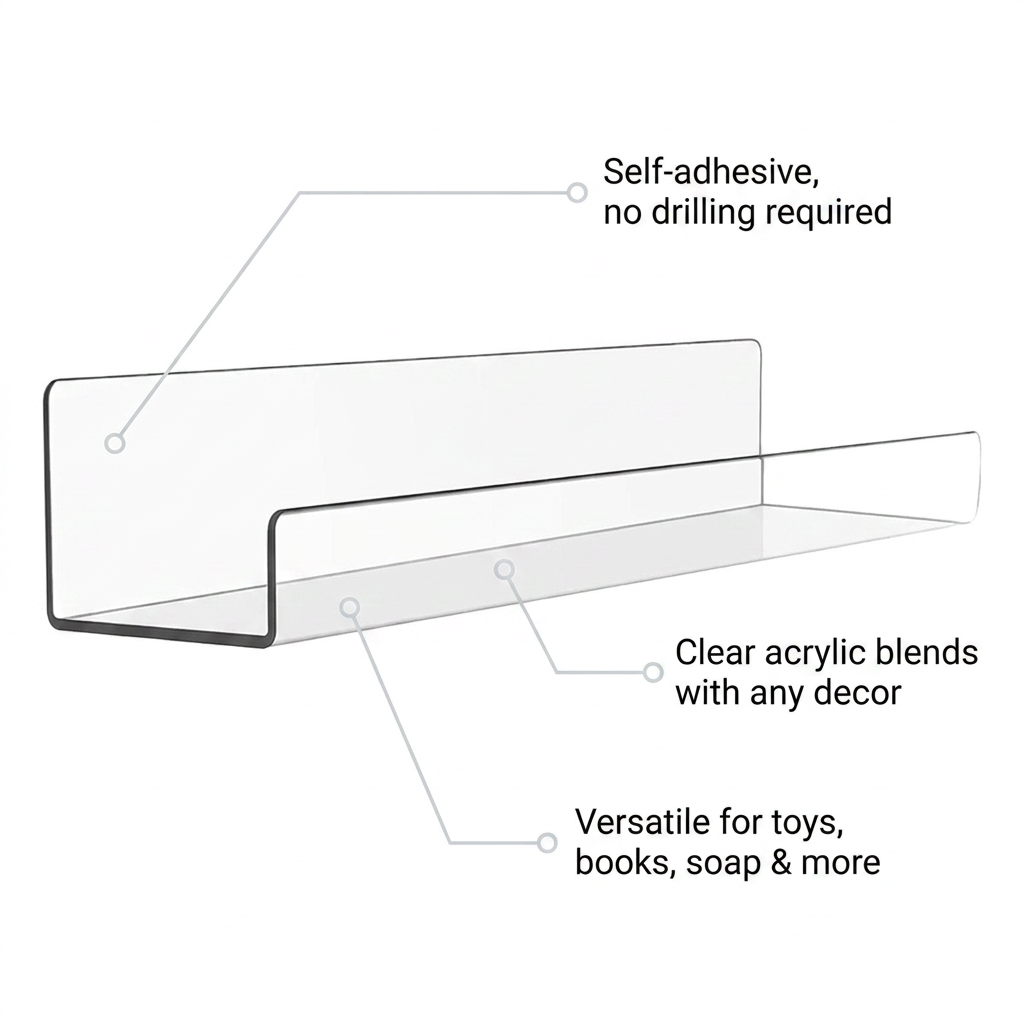 Clear Acrylic Floating Shelf - benefit callouts