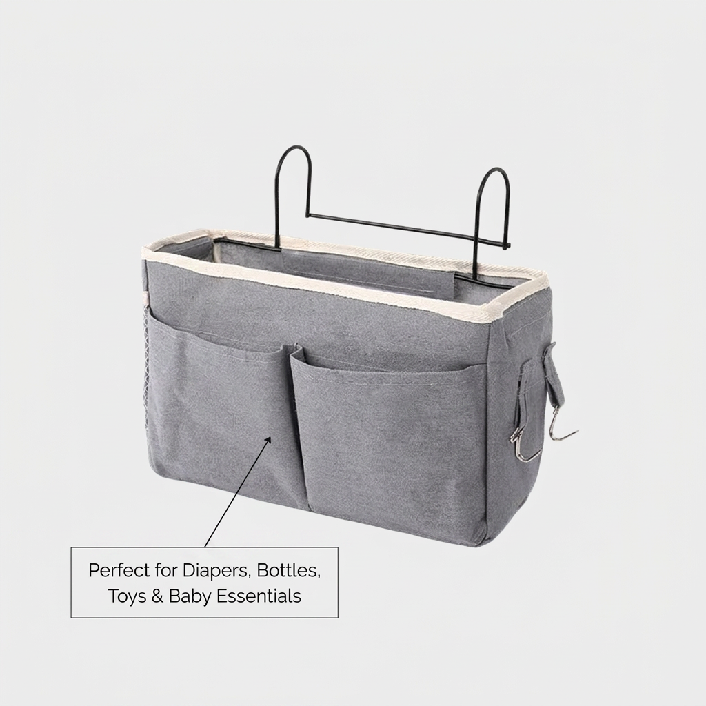 Baby Bedroom Bed Storage Organizer - what it holds infographic