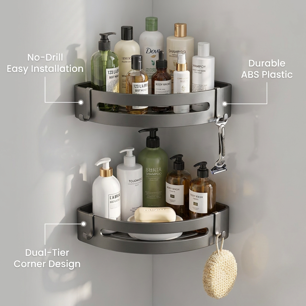 No-Drill Corner Shelf - benefit callouts