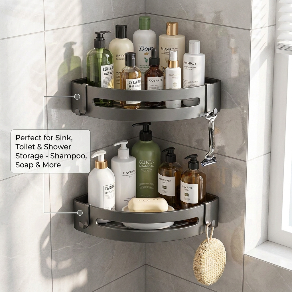 No-Drill Corner Shelf - what it holds infographic