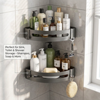 No-Drill Corner Shelf - what it holds infographic