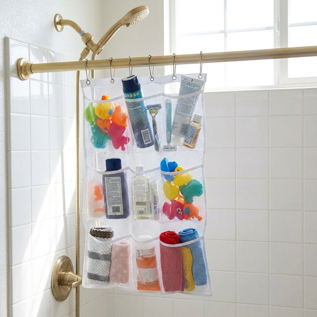 Hanging Mesh Shower Organizer - hung in bathroom shower