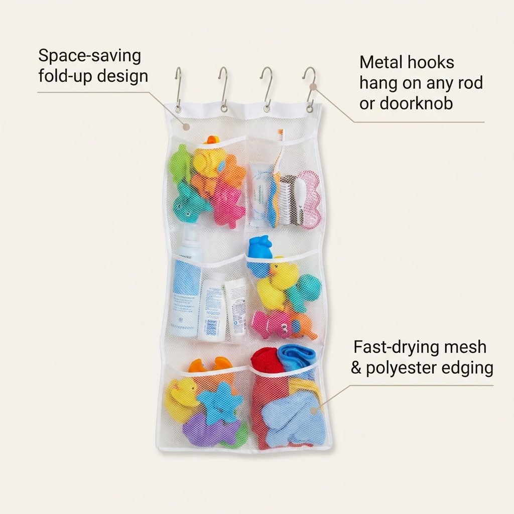 Hanging Mesh Shower Organizer - benefit callouts