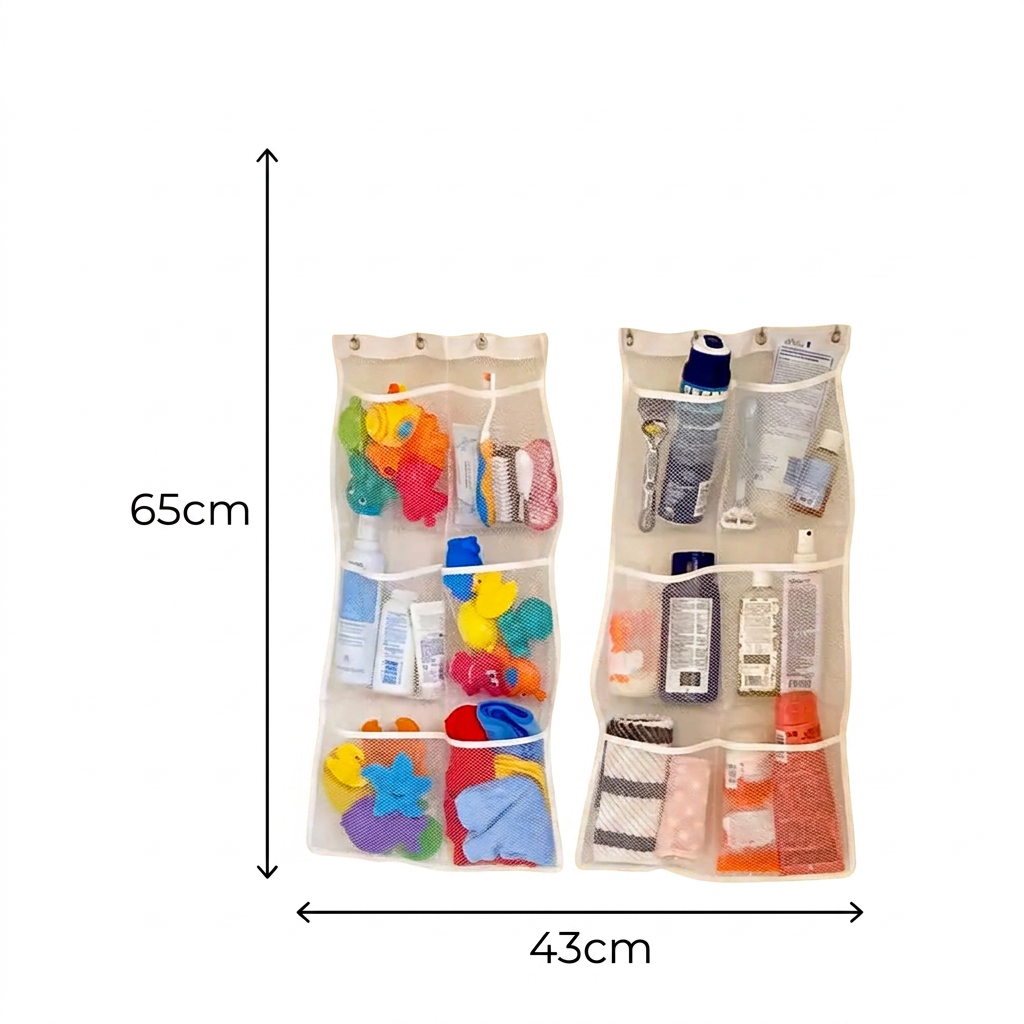 Hanging Mesh Shower Organizer - dimensions infographic