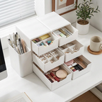 Chic 3-Tier Desk Organizer - drawers open with office, jewelry and cosmetics storage